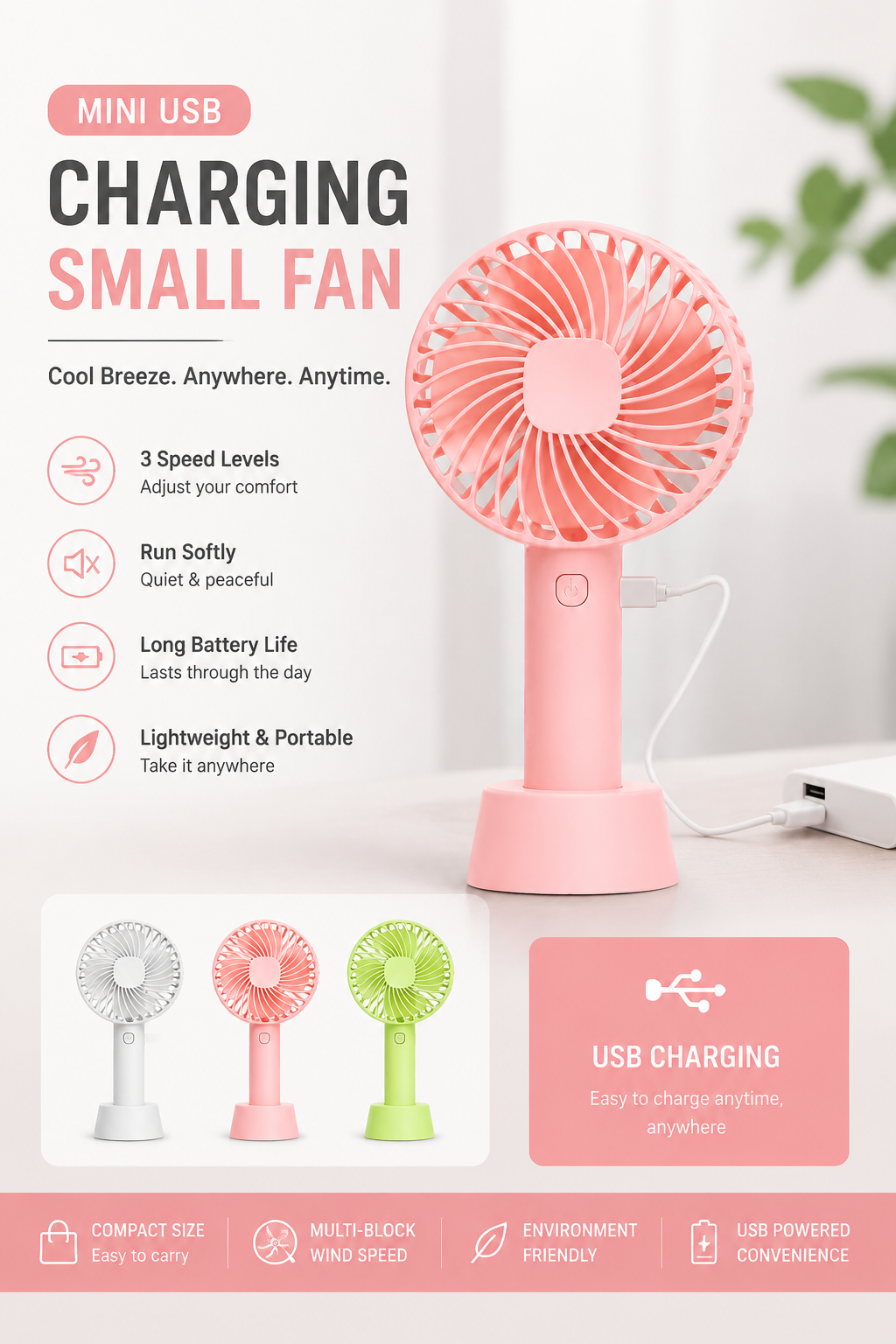 Portable Neck Fan Pink USB Rechargeable