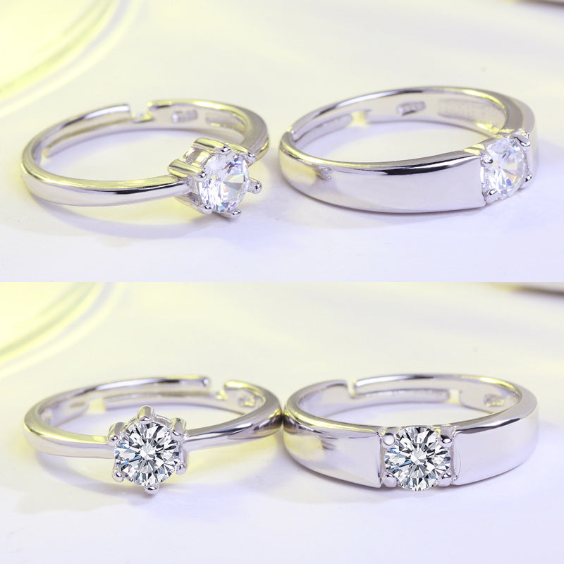 Korean Style Single Diamond Couple Wedding Silver Rings