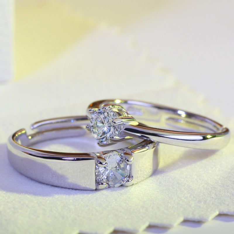 Korean Style Single Diamond Couple Wedding Silver Rings
